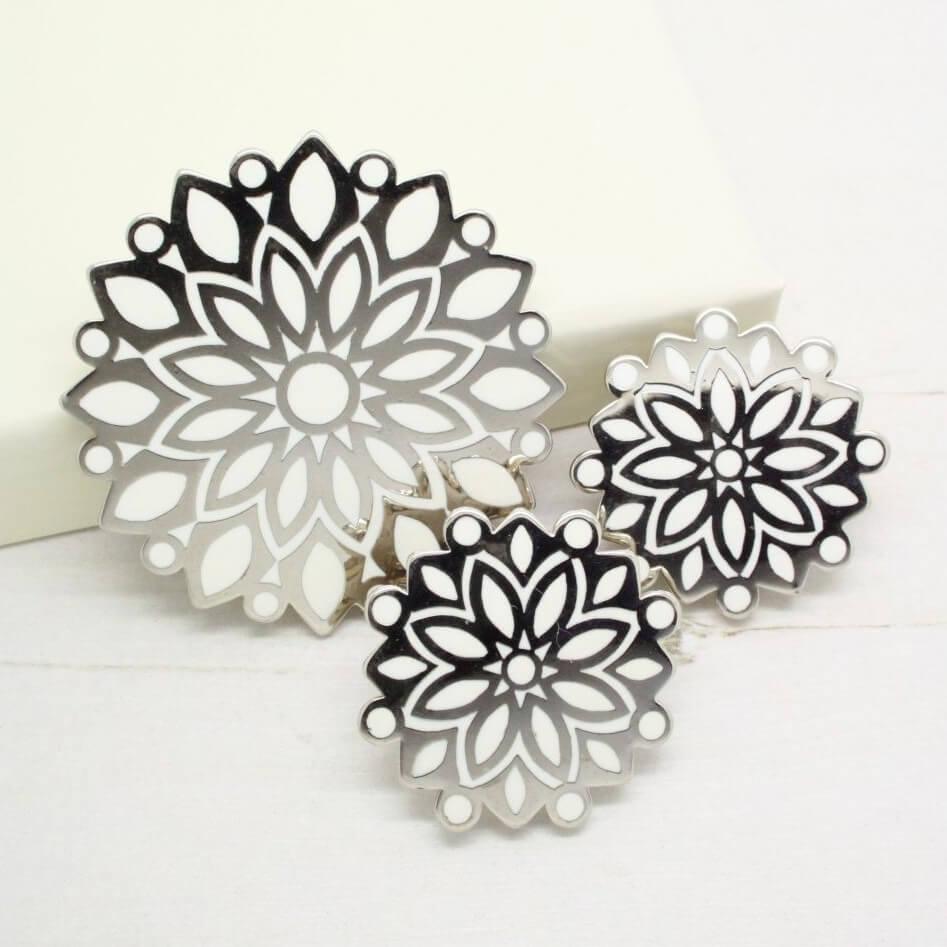Ornate Trifari Silver and White Enamel Brooch Earrings Demi Parure
