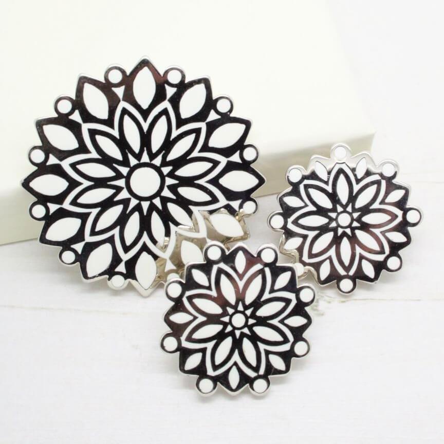 Ornate Trifari Silver and White Enamel Brooch Earrings Demi Parure