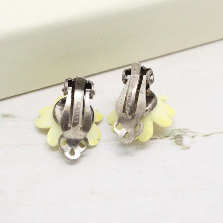 Porcelain Yellow Cream Flower Clip On Sterling Silver Earrings
