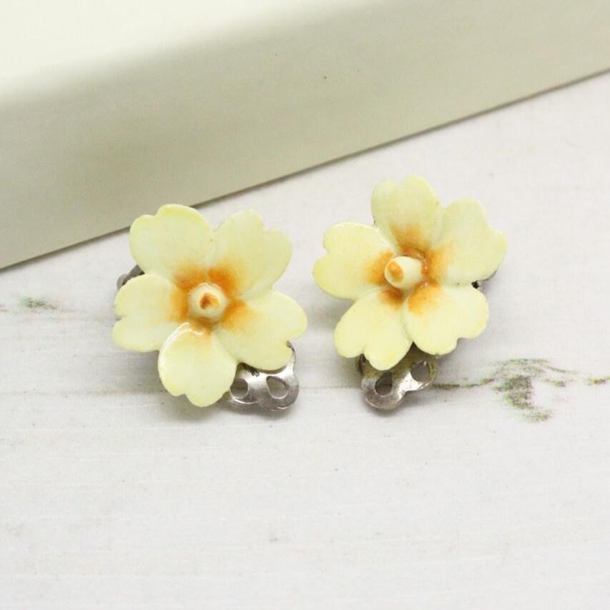 Porcelain Yellow Cream Flower Clip On Sterling Silver Earrings