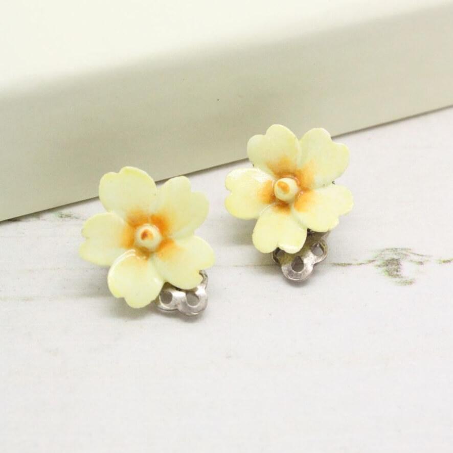Porcelain Yellow Cream Flower Clip On Sterling Silver Earrings