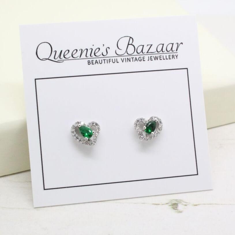 Sterling Silver Green Cubic Zirconia Heart Earrings