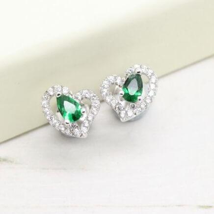 Sterling Silver Green Cubic Zirconia Heart Earrings