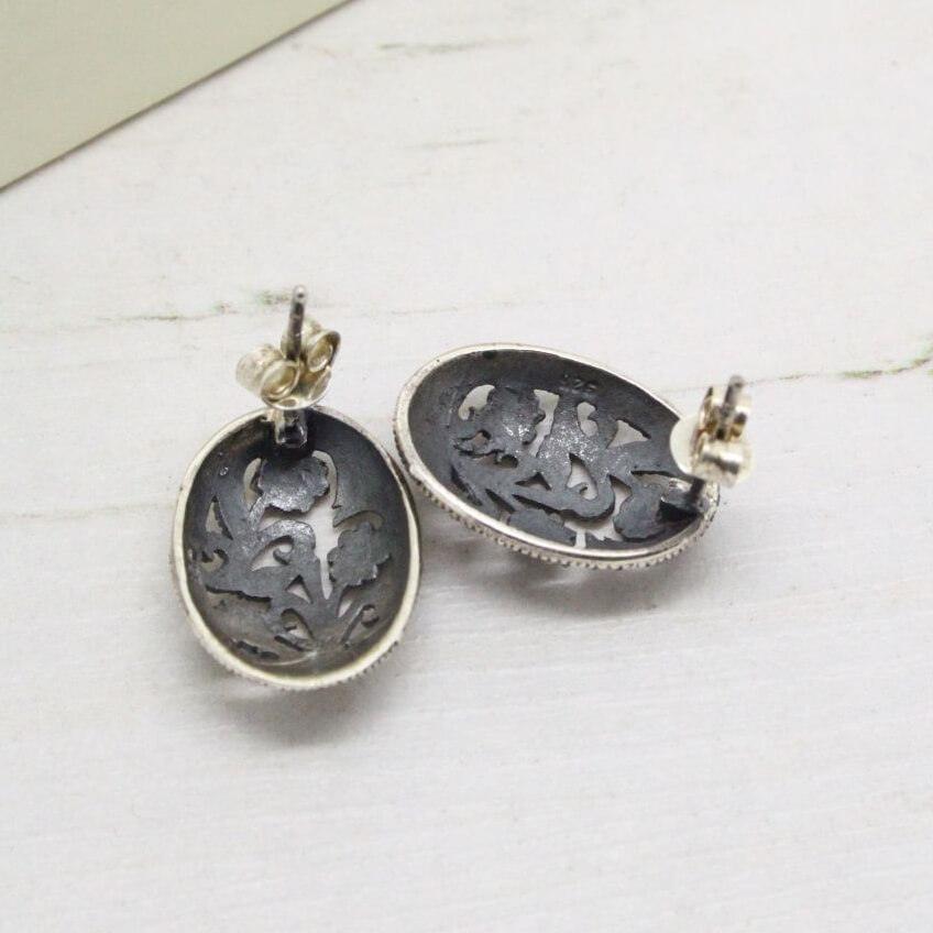 Vintage Sterling Silver Marcasite Filigree Oval Earrings