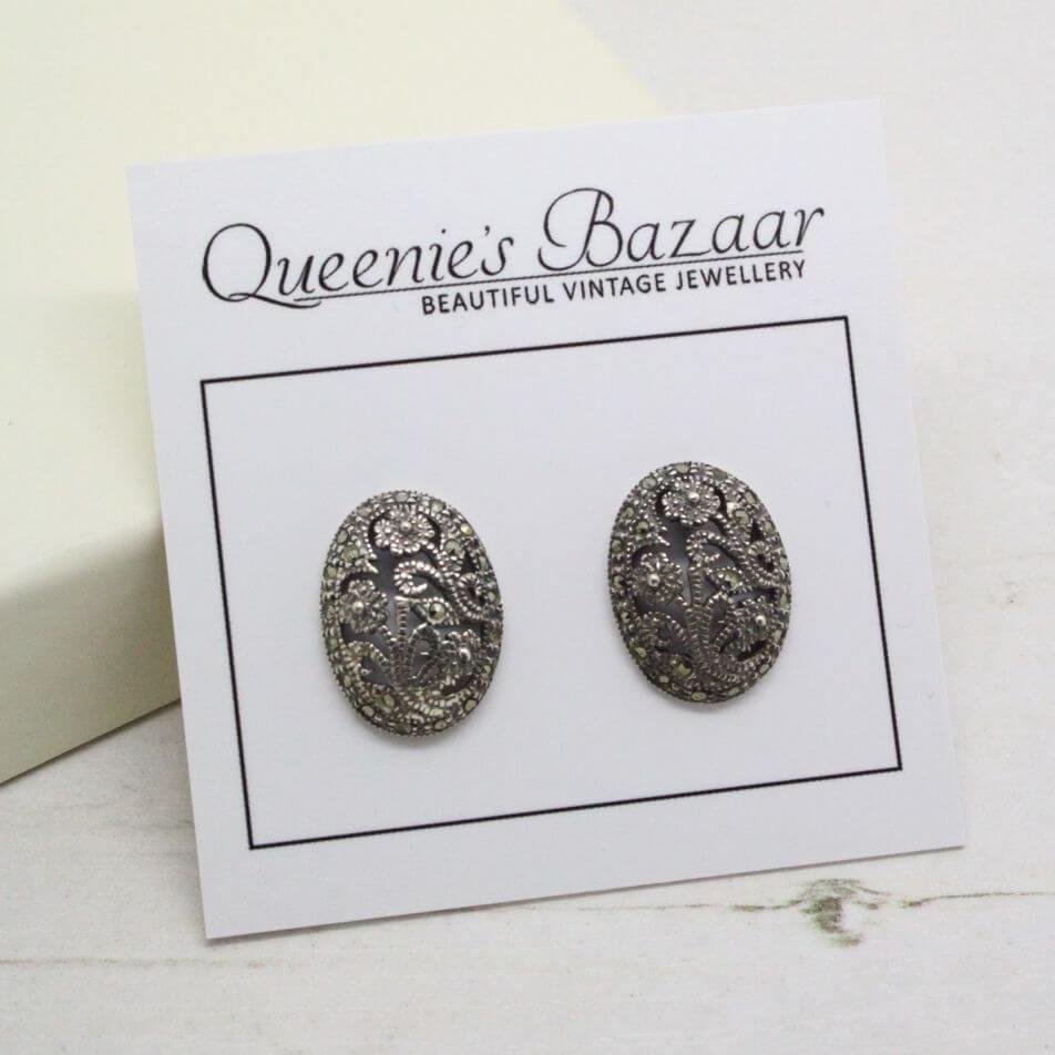 Vintage Sterling Silver Marcasite Filigree Oval Earrings