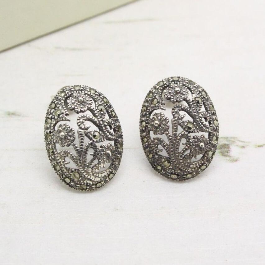 Vintage Sterling Silver Marcasite Filigree Oval Earrings