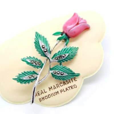 1950s Vintage Marcasite & Enamel Pink Rose Brooch
