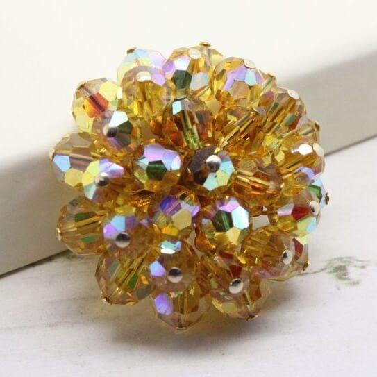 1950s Yellow Aurora Borealis Beaded Cluster Brooch