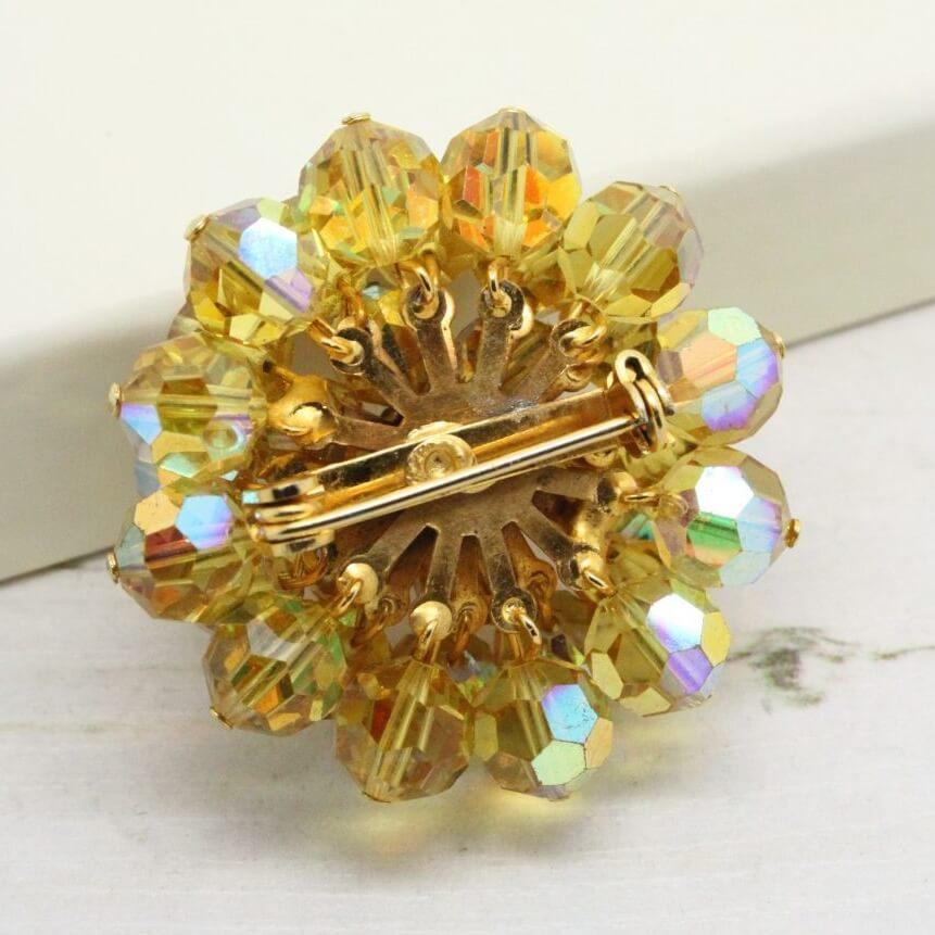 1950s Yellow Aurora Borealis Beaded Cluster Brooch