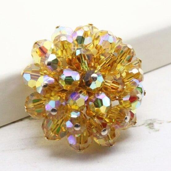 1950s Yellow Aurora Borealis Beaded Cluster Brooch