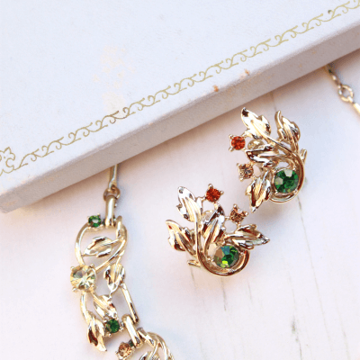 1950s Jewelcraft Gold Floral Rhinestone Vintage Necklace & Earrings Set