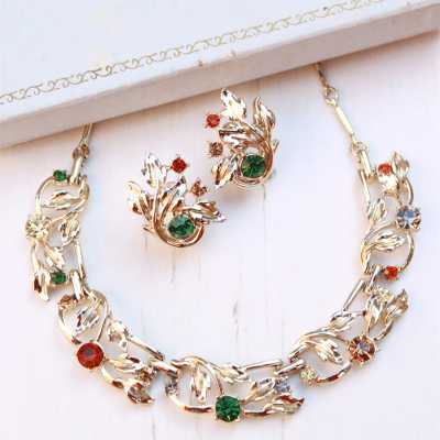 1950s Jewelcraft Gold Floral Rhinestone Vintage Necklace & Earrings Set