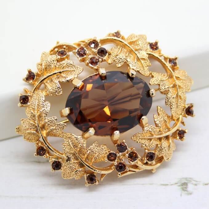 Sarah Coventry Amber Crystal Jewelled Heritage Brooch