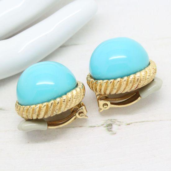 1970s Signed Ciner Gold Textured Timeless Style Faux Turquoise Earrings