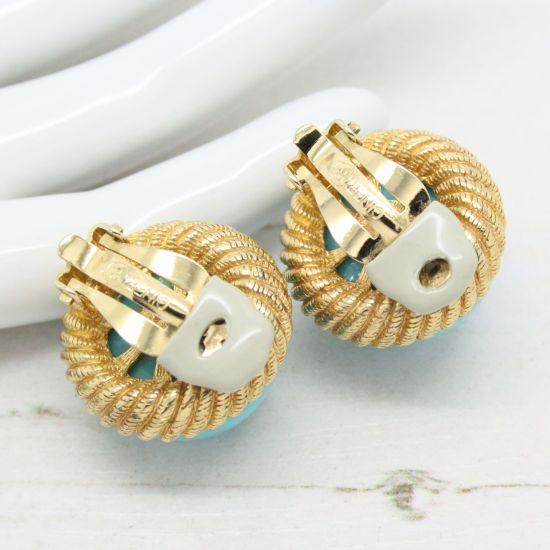 1970s Signed Ciner Gold Textured Timeless Style Faux Turquoise Earrings