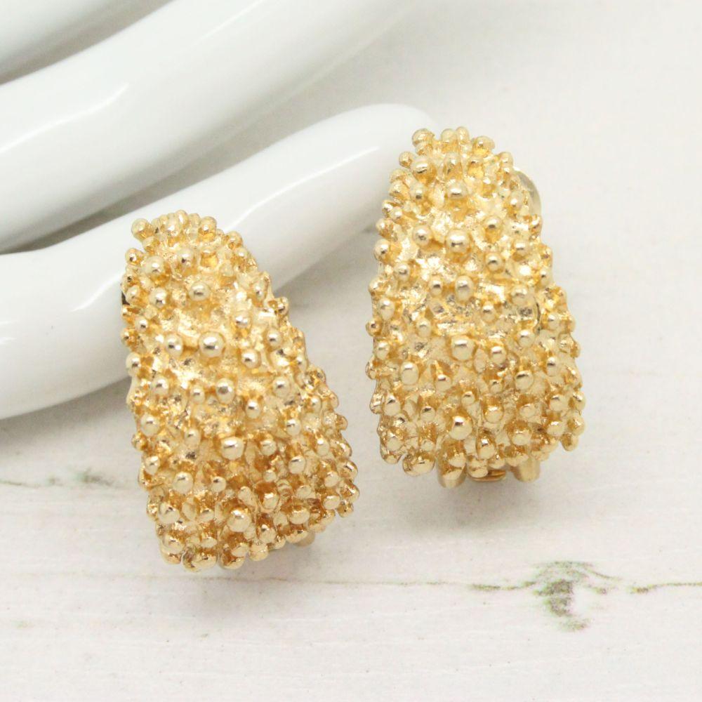 1970s Sarah Coventry Demi-Hoop Textured Gold Clip On Earrings