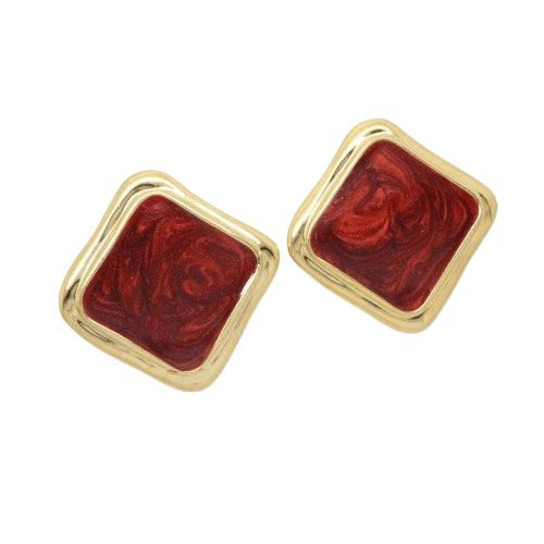 1980s Gold Plated Enamel Large Diamond Clip On Earrings - Brown