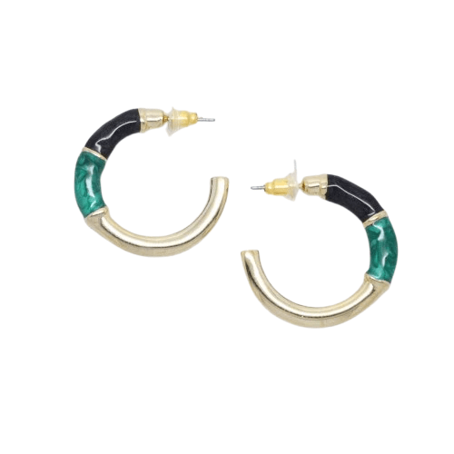 Vintage 1980s Gold Plated Enamel Large Hoop Earrings - Black / Green