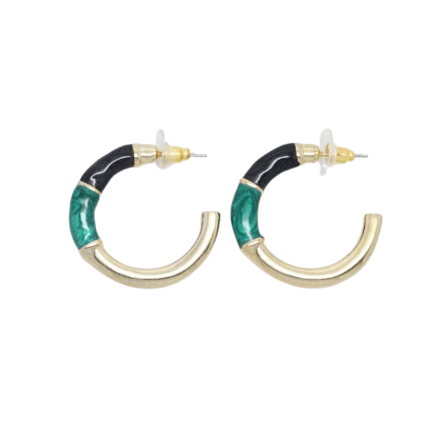 Vintage 1980s Gold Plated Enamel Large Hoop Earrings - Black / Green