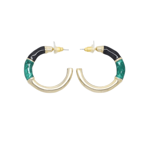 Vintage 1980s Gold Plated Enamel Large Hoop Earrings - Black / Green