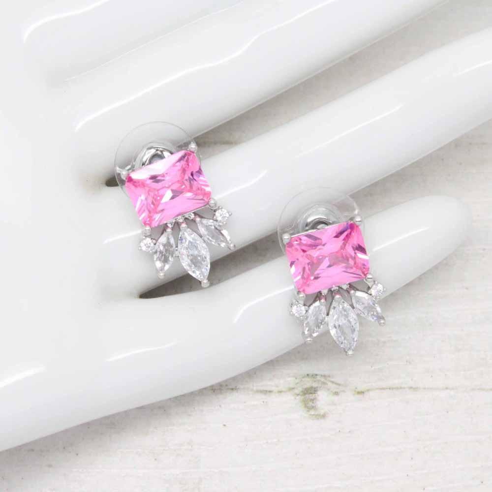 Deco Square Fan Geometric Crystal Stud Earrings (Pink)