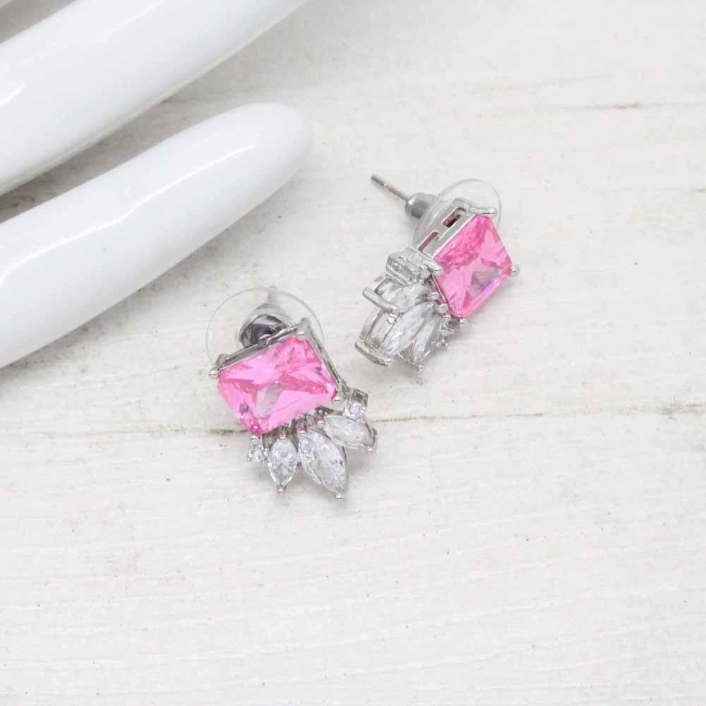 Deco Square Fan Geometric Crystal Stud Earrings (Pink)