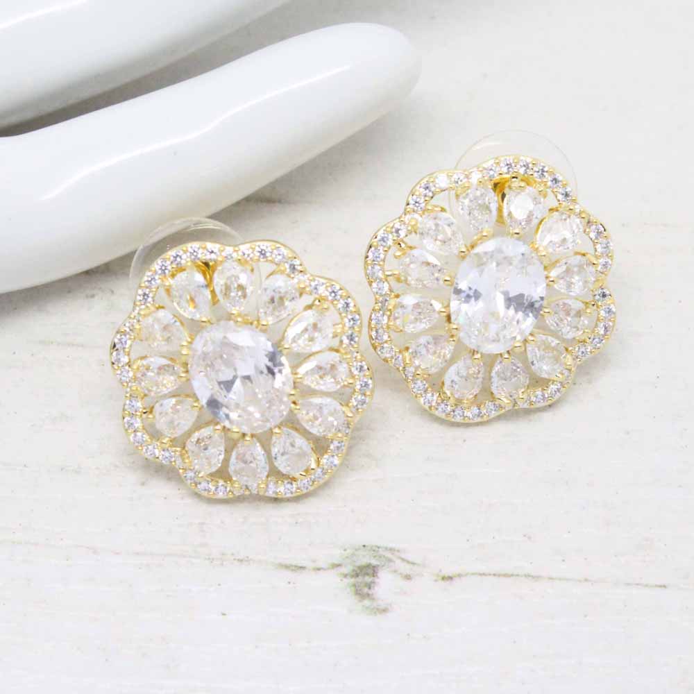 Regency Halo Zirconia Crystal Stud Earrings (Gold)