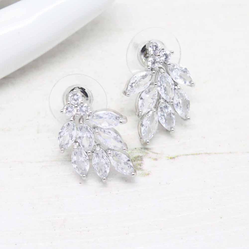 Navette Vine Leaves Clustered Crystals Earrings (Silver)