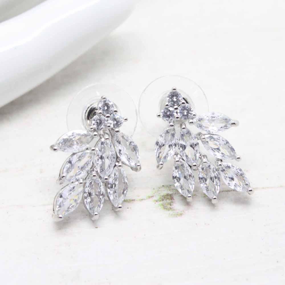 Navette Vine Leaves Clustered Crystals Earrings (Silver)