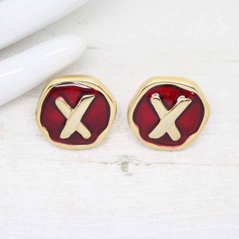 1980s Gold Plated Ruby Red Enamel X Kiss Stud Earrings