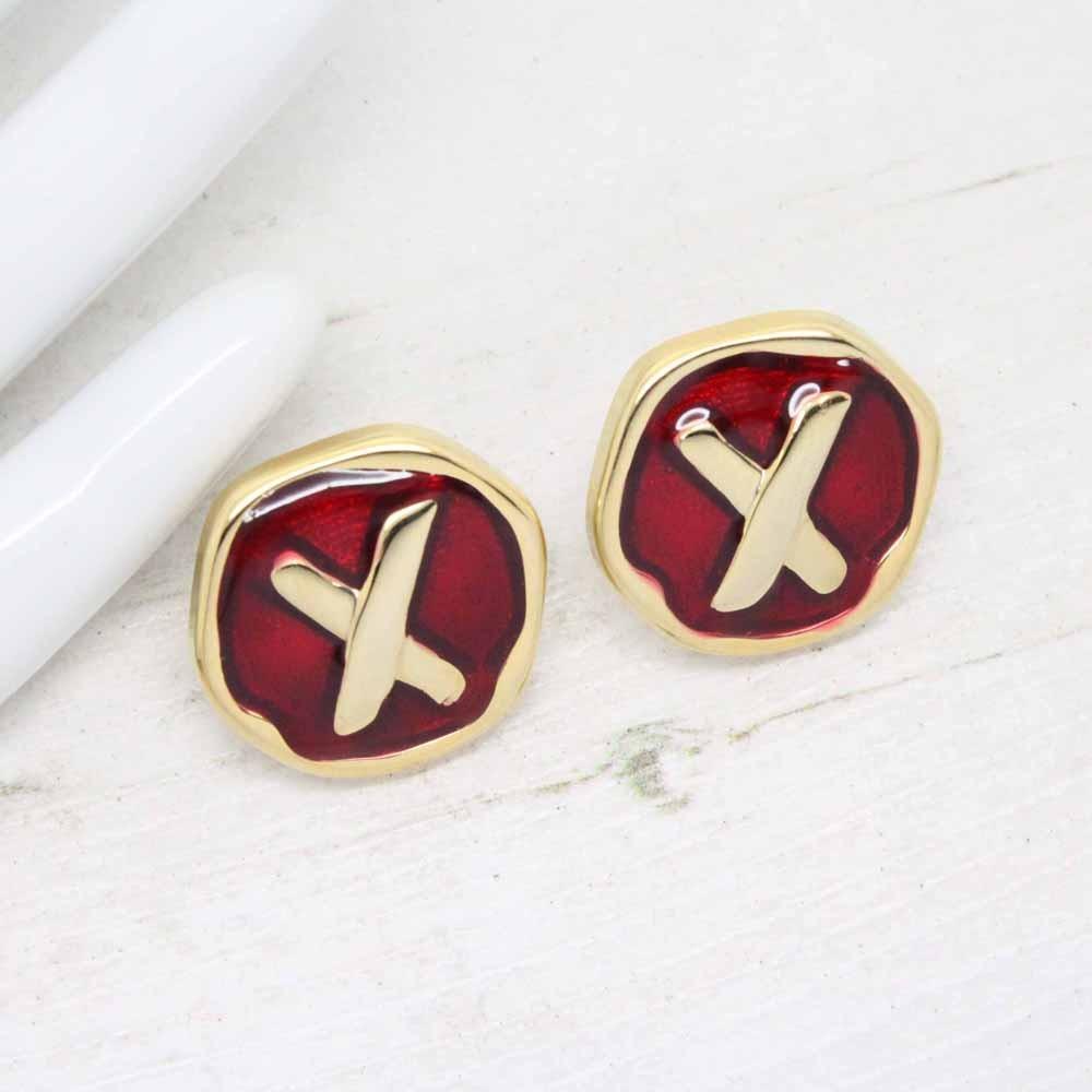 1980s Gold Plated Ruby Red Enamel X Kiss Stud Earrings