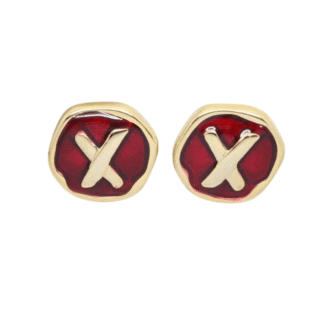 1980s Gold Plated Earrings, showing Ruby Red Enamel and a X Kiss design.
