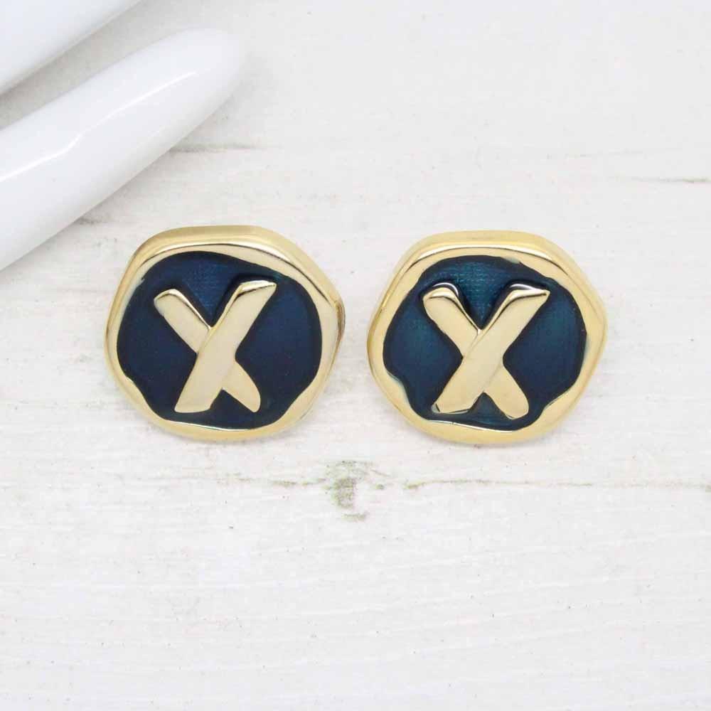 1980s Gold Plated Dark Blue Enamel X Kiss Stud Earrings