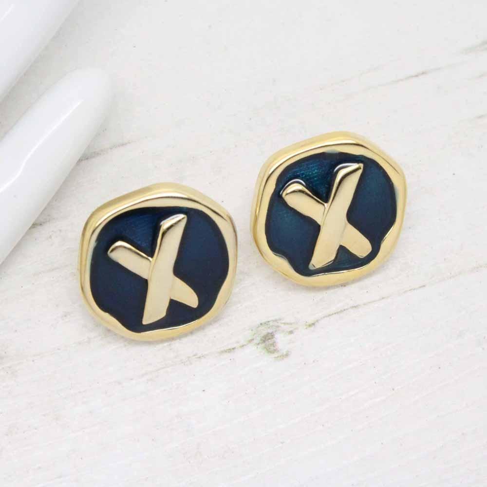 1980s Gold Plated Dark Blue Enamel X Kiss Stud Earrings