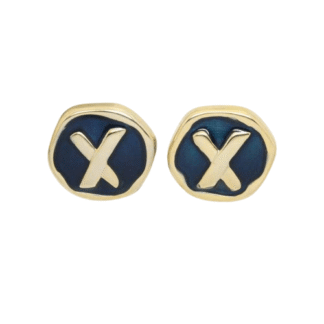 1980s Gold Plated Earrings, Showing Dark Blue Enamel with an X Kiss design.