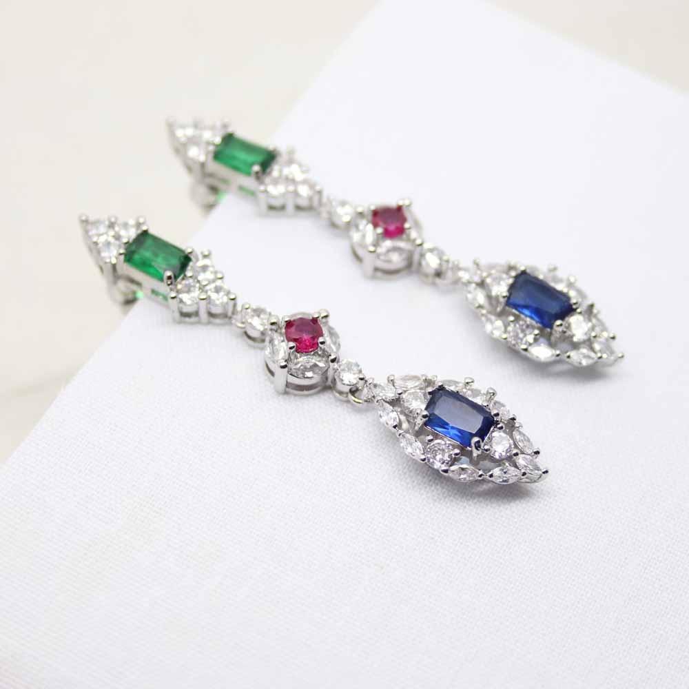Multi-Colour Emerald Sapphire Pink Drop Zirconia Crystal Earrings