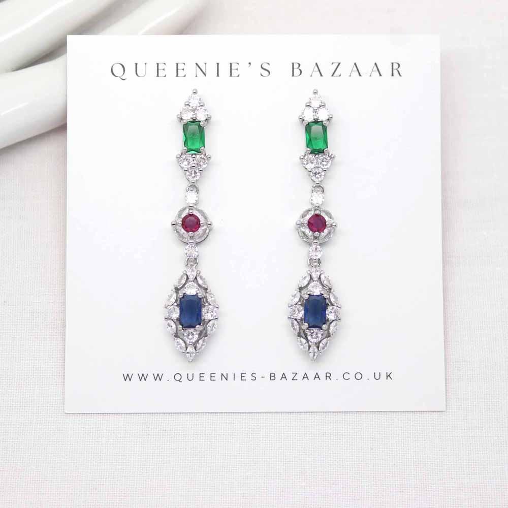 Multi-Colour Emerald Sapphire Pink Drop Zirconia Crystal Earrings