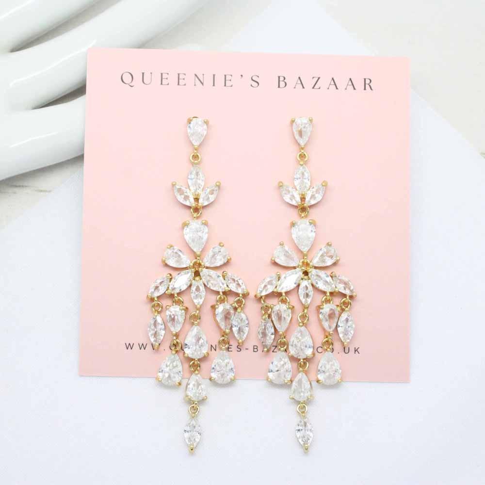 Crystal Cascades Statement Zirconia Drop Earrings (Gold)