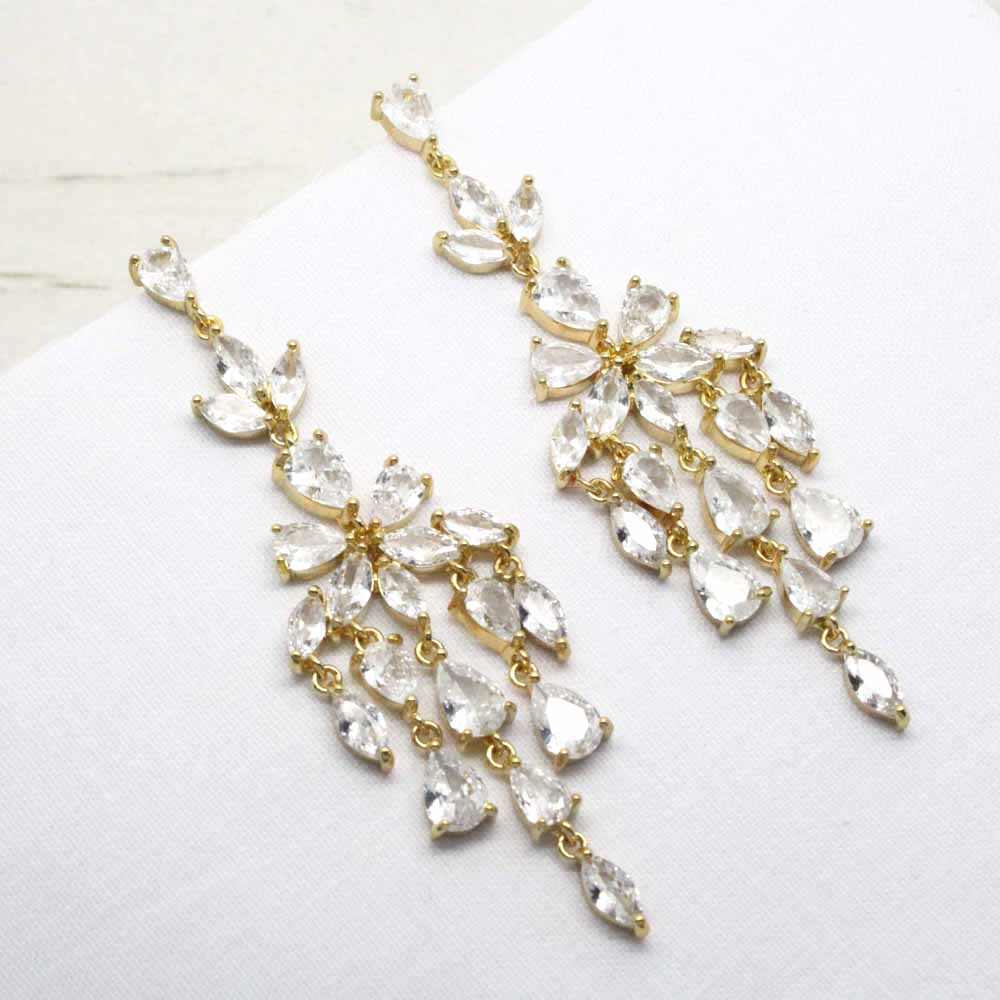 Crystal Cascades Statement Zirconia Drop Earrings (Gold)