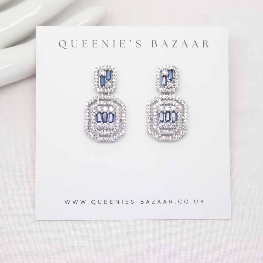 Baguette Cut Art Deco Zirconia Crystal Drop Earrings (Sapphire)