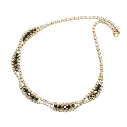 1980s Vintage Black Rhinestone Crystal Gold Necklace