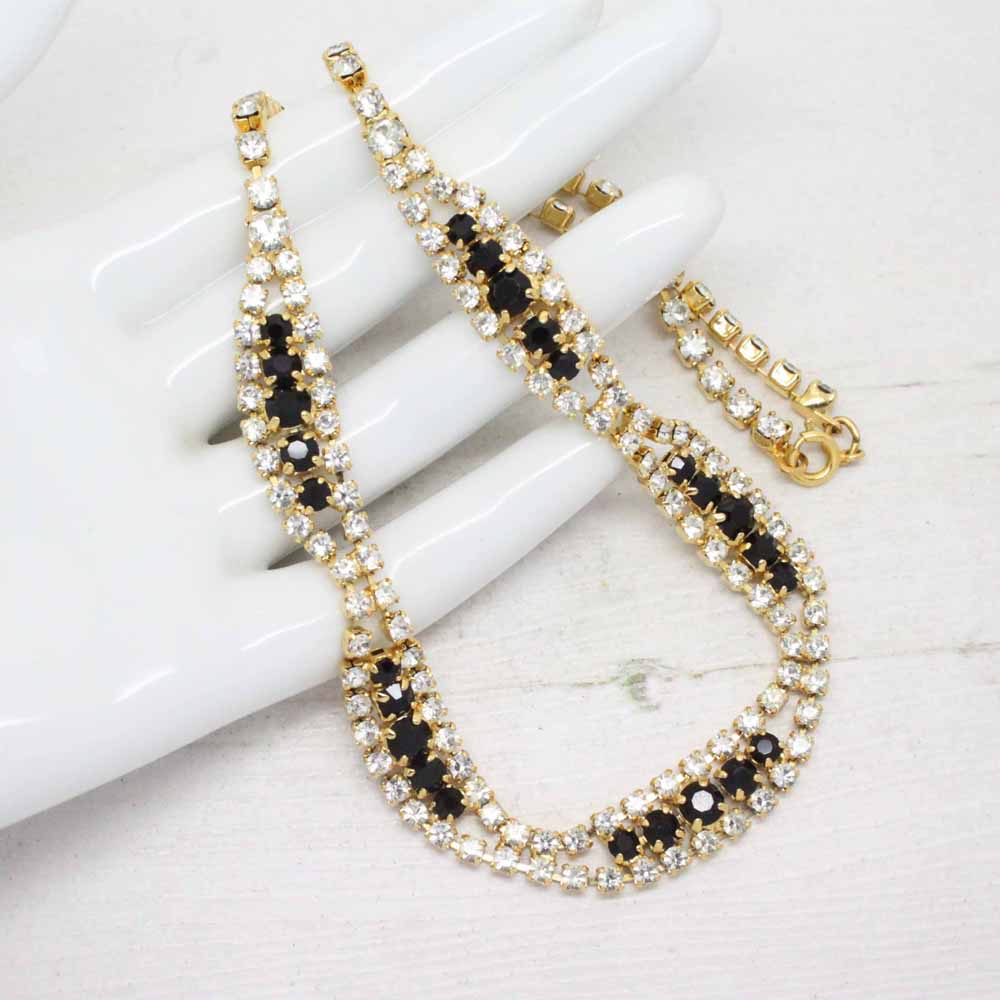 1980s Vintage Black Rhinestone Crystal Gold Necklace