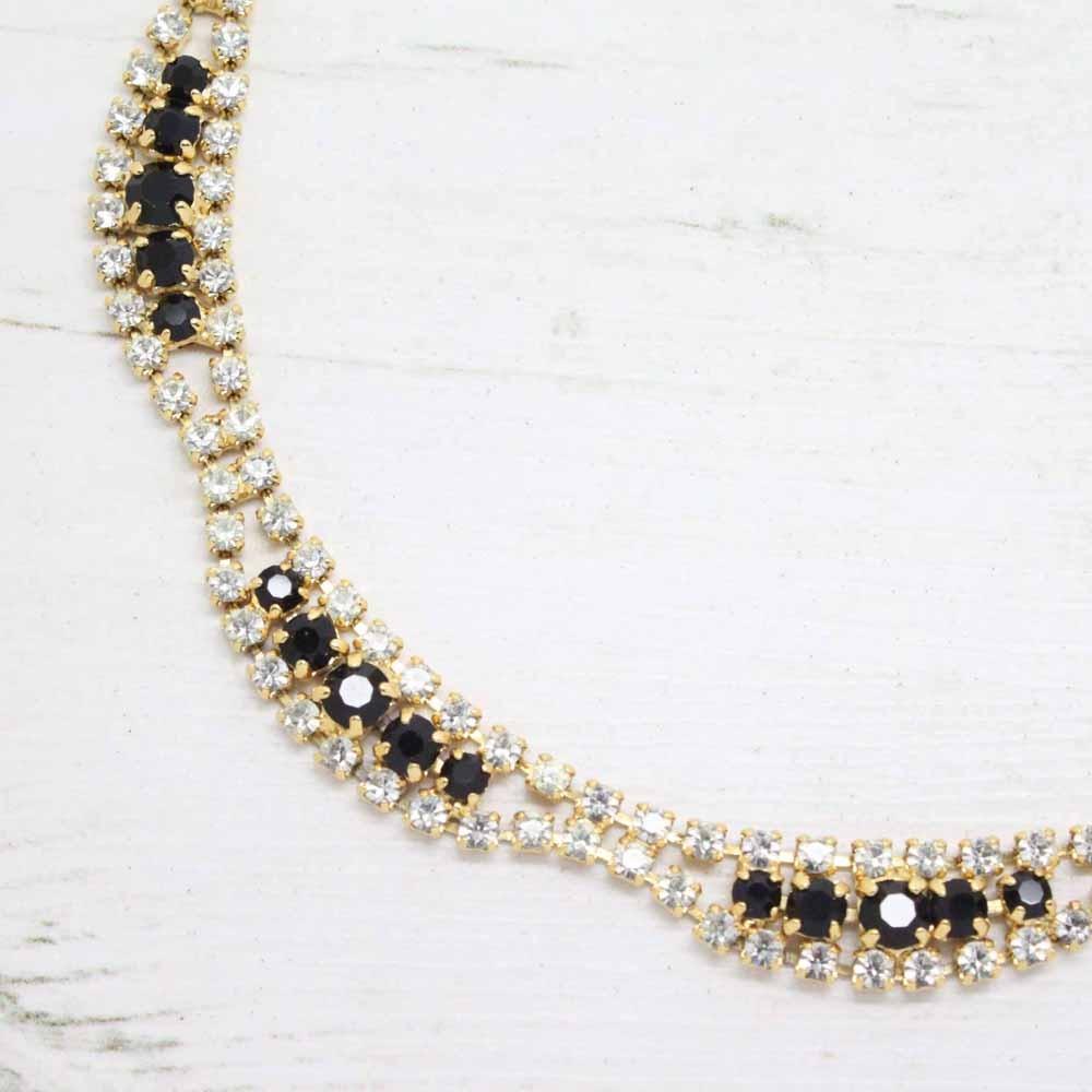 1980s Vintage Black Rhinestone Crystal Gold Necklace