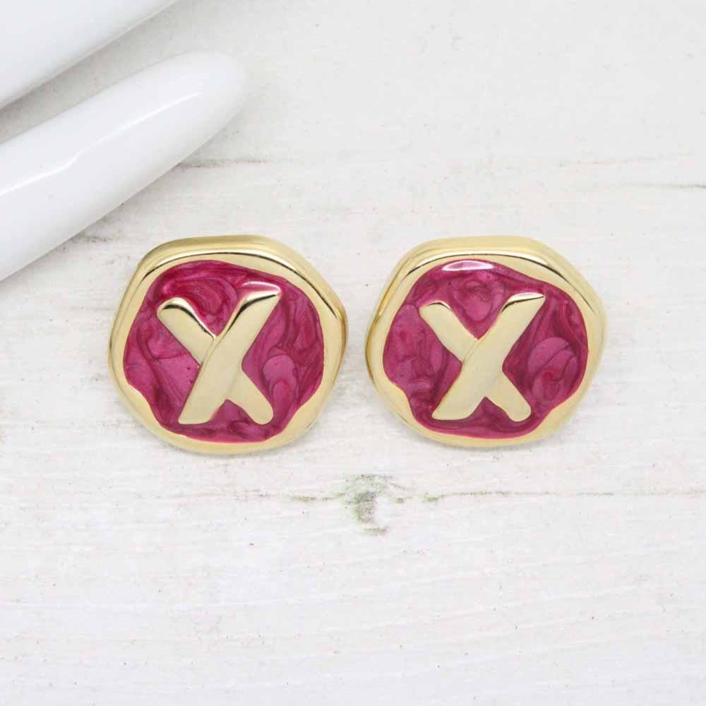 1980s Gold Plated Pink Enamel X Kiss Stud Earrings