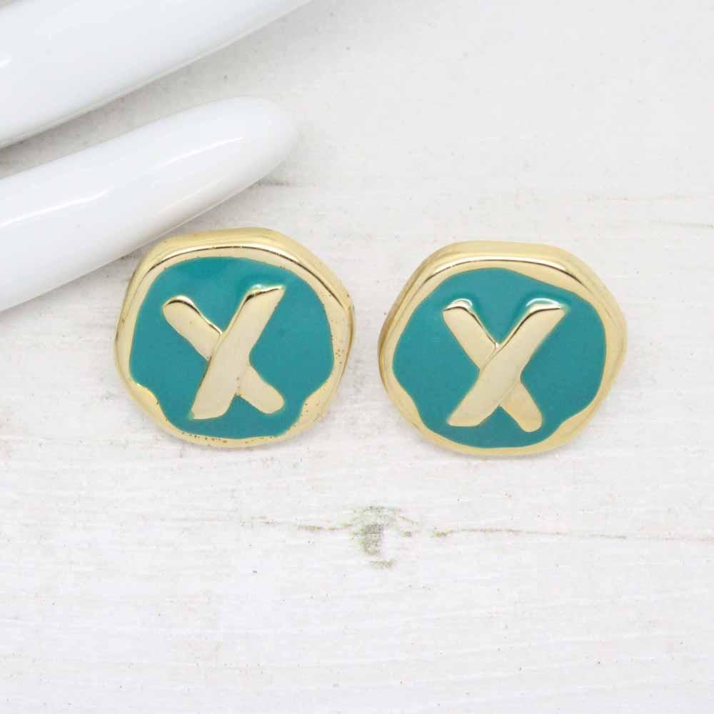 1980s Gold Plated Turquoise Enamel X Kiss Stud Earrings