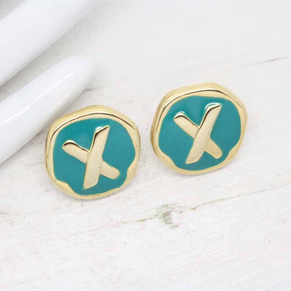 1980s Gold Plated Turquoise Enamel X Kiss Stud Earrings