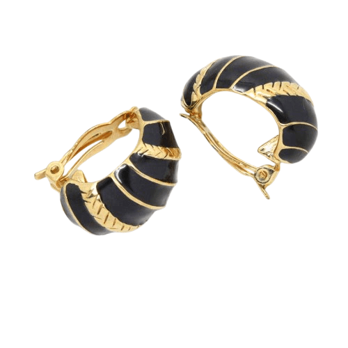 Vintage Joan Rivers Black Enamel Half Hoop Clip On Earrings
