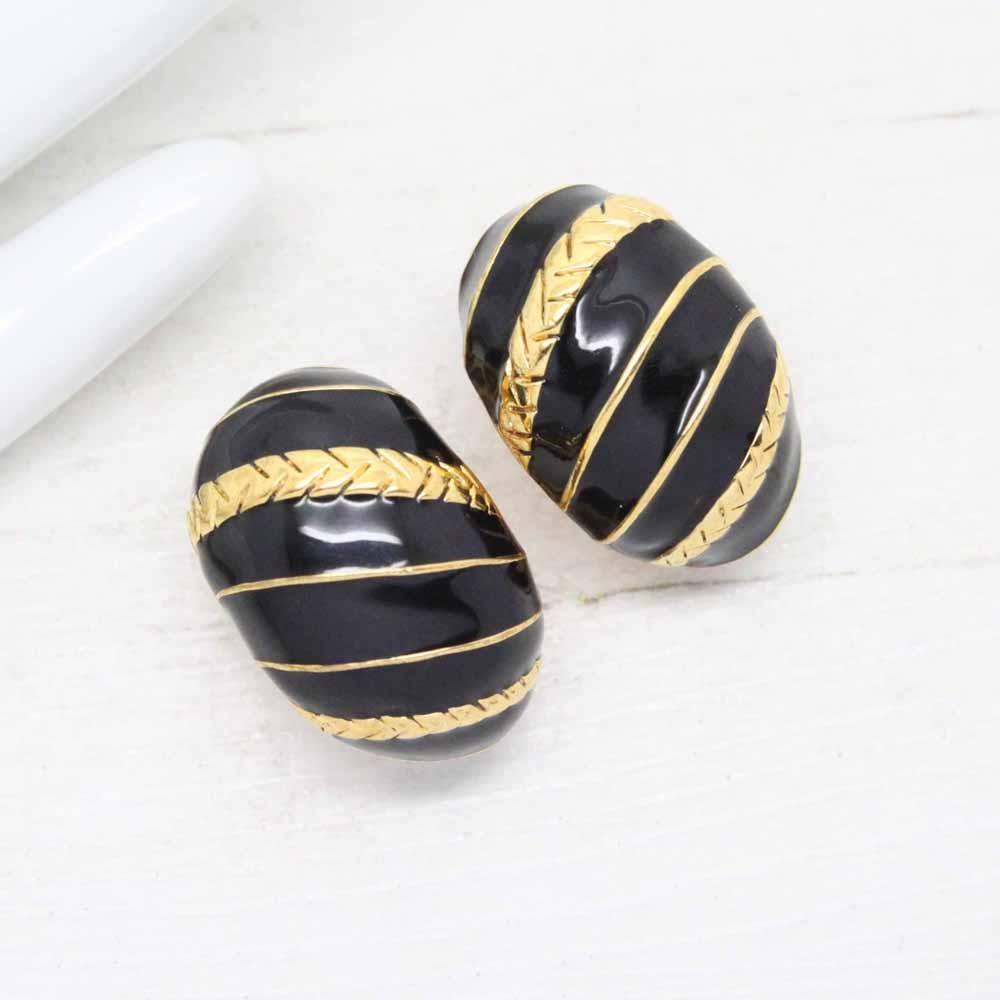 Vintage Joan Rivers Black Enamel Half Hoop Clip On Earrings