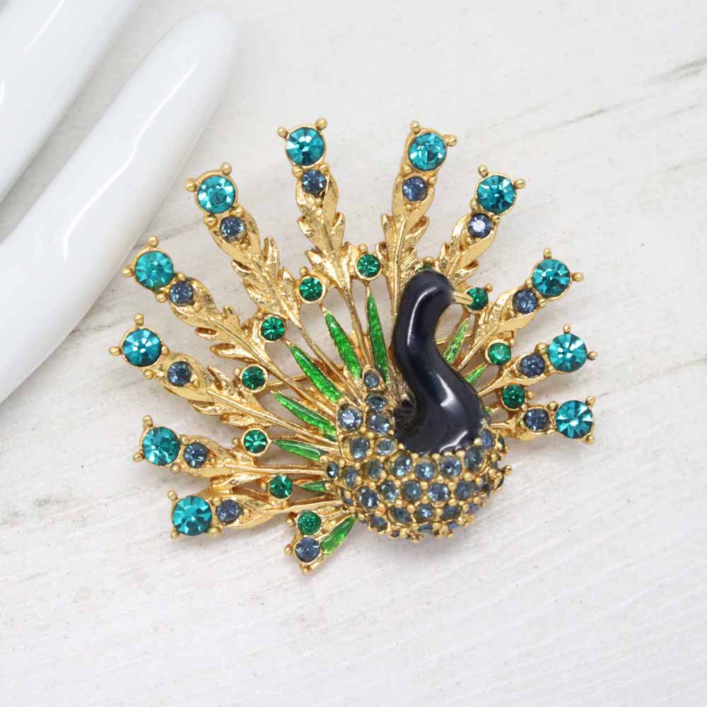 1960s Vintage Signed Sphinx Peacock Enamel & Crystal Brooch