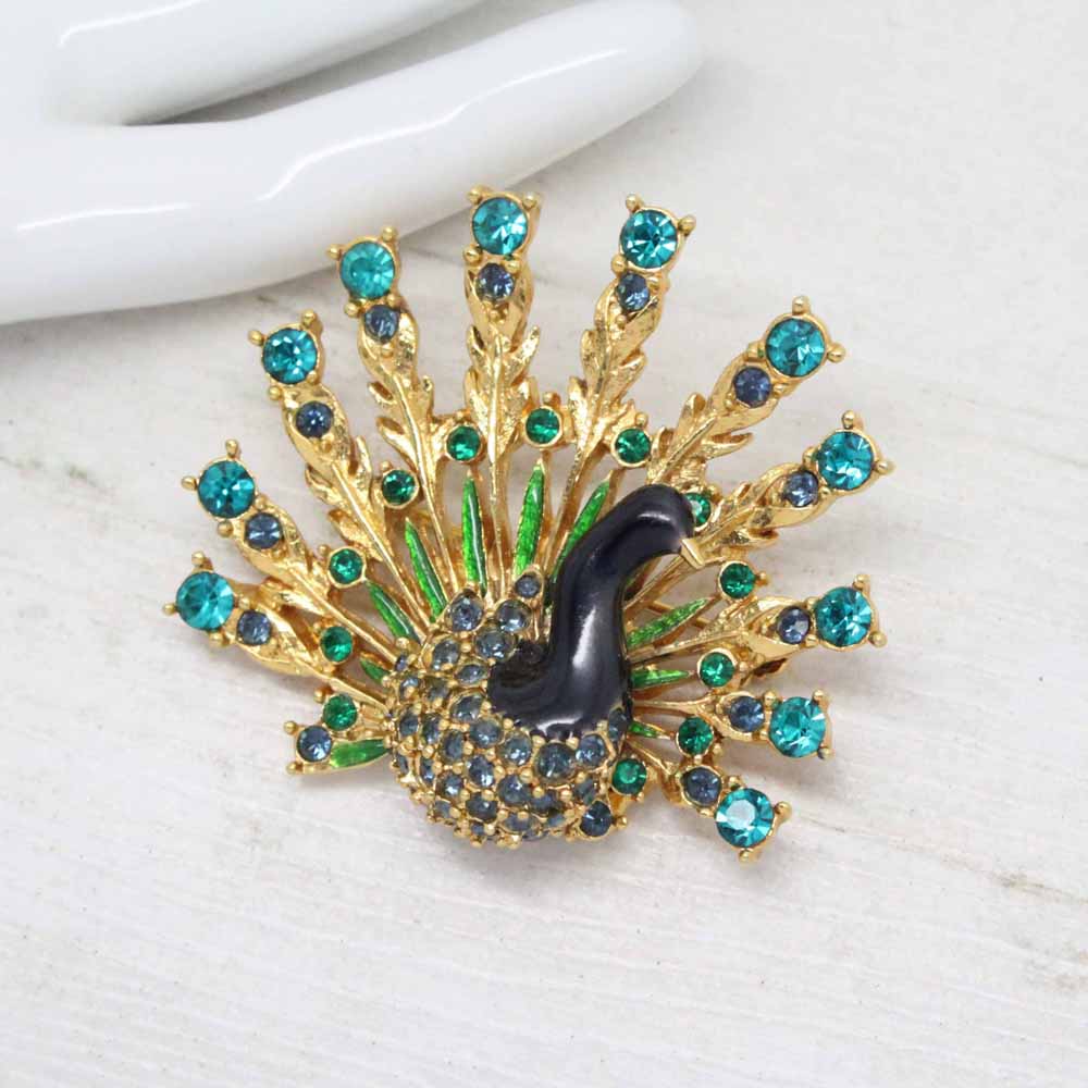 1960s Vintage Signed Sphinx Peacock Enamel & Crystal Brooch